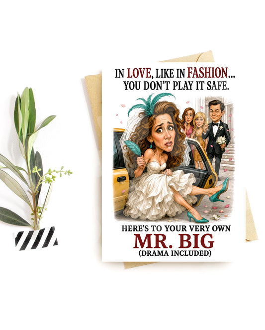 Fashion Bride Wedding Card - Mr. Big taxi scene caricature