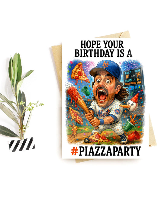 PiazzaParty Baseball Birthday Card - pizza pun caricature