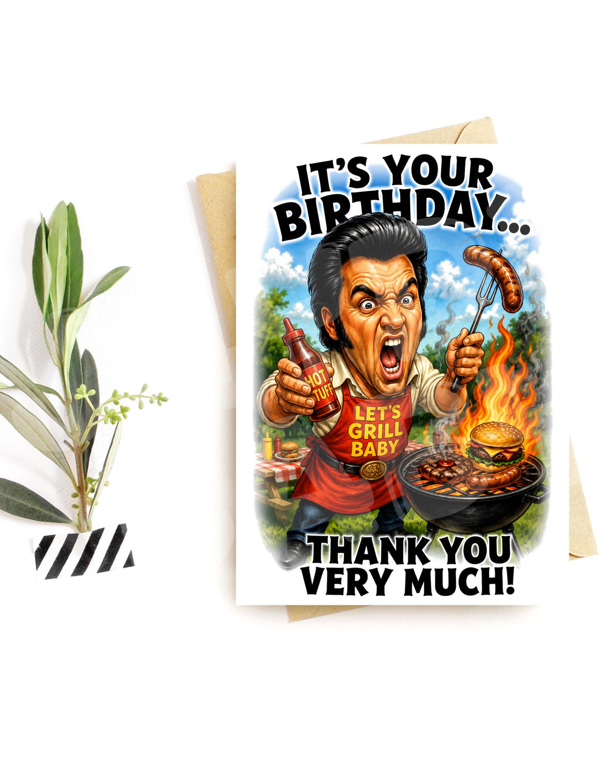Funny BBQ Birthday Card – Retro Rock and Roll Parody, Grilling Humor for Him