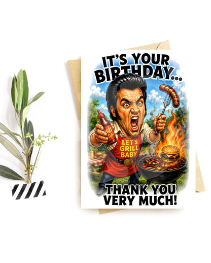 Funny BBQ Birthday Card – Retro Rock and Roll Parody, Grilling Humor for Him