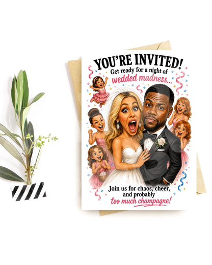 Wedded Madness Funny Wedding Invitation - bride and groom caricature