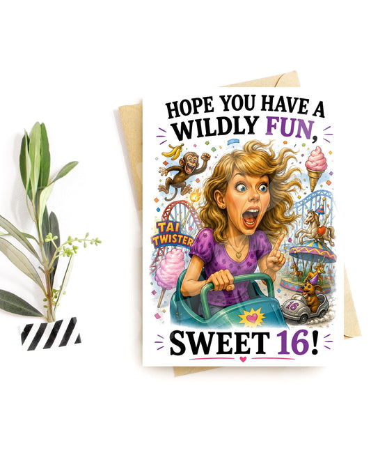 Sweet 16 Wildly Fun Birthday Card - carnival caricature